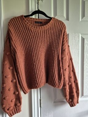 moon & madison Pom-Pom Sleeve Crew Sweater - Rust